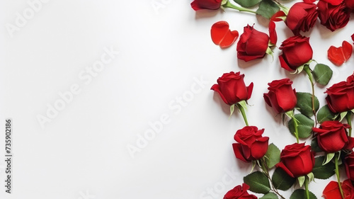 composition of a bouquet of red roses flowers, top view with copy space on a white background
