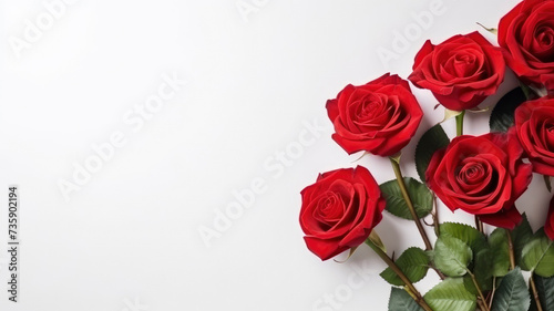 composition of a bouquet of red roses flowers, top view with copy space on a white background
