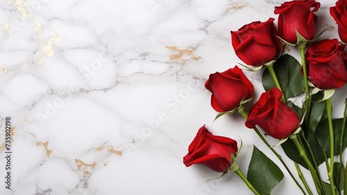 composition of a bouquet of red roses flowers, top view with copy space on a light golden marble surface
