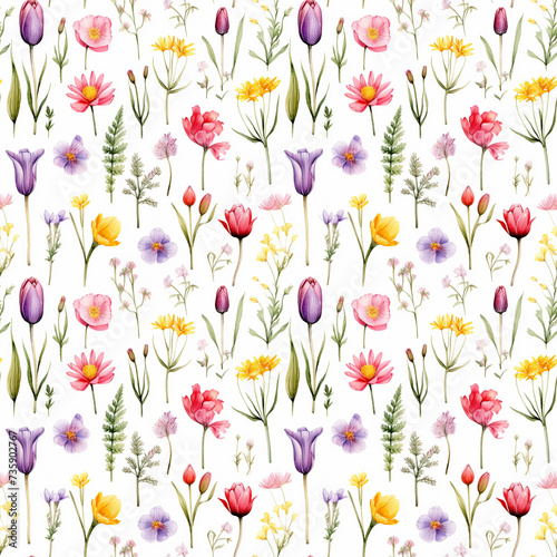 Watercolor Wild Flowers Seamless Pattern, Aquarelle Wildflowers Background, Watercolor Botanical Tile