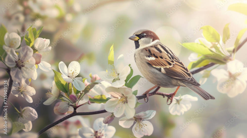 Sparrow Bird Perched on Blossoming Apple Tree Branch Sparrow Bird Perched on Blossoming Apple Tree Branch