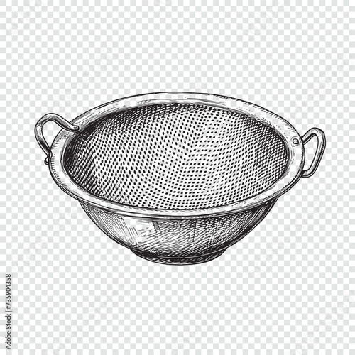 Stainless steel colander. Hand drawn engraving style vector illustrations. photo