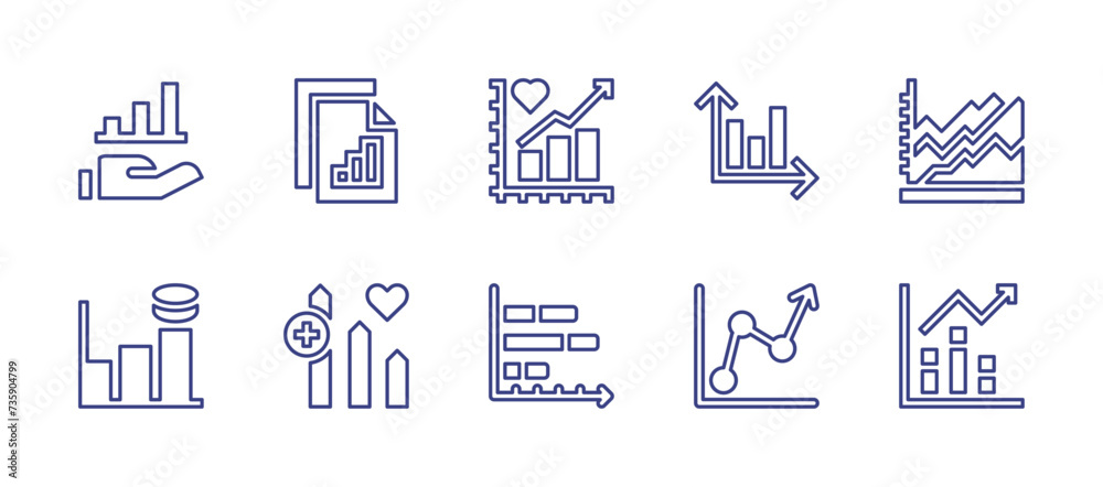 Graph line icon set. Editable stroke. Vector illustration. Containing document, investment, area graph, graph, line graph, graph bar, bar graph.