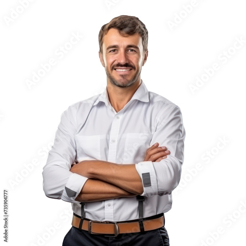 Portrait of 30 year old white male engineer smiling, crossed arms, smiling, isolated on transparency background PNG