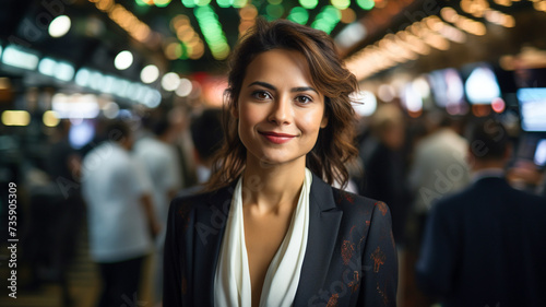 Portrait of young smiling female in suit using modern technologies and smiling while working in trading at forex market. Office is full of displays showing infographics and numbers. 
