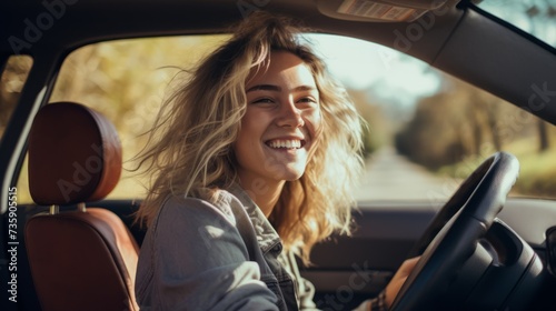 A happy successful smiling young woman driving a new car. An attractive cheerful girl travels on vacation. Buying and renting a car. © liliyabatyrova