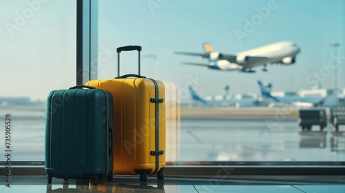 Yellow and Black Suitcases Against the Backdrop of an Airplane Landing