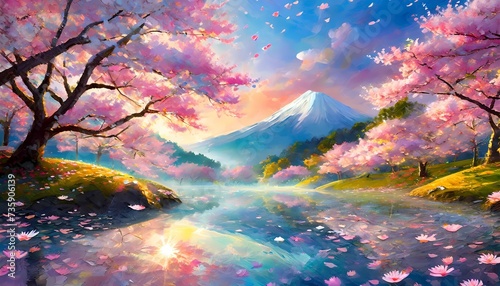 vibrant and picturesque landscapes with cherry blossoms in full bloom, framing a majestic mountain, likely inspired by Mount Fuji, and reflecting on tranquil waters. This scene is a celebration of nat photo