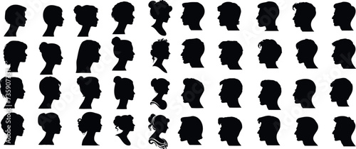 Cameo Silhouette collection, diverse profiles. Ideal for identity, character design visuals. Men, women showcasing various hairstyles, features. Variety in shapes, sizes of heads, hairstyles depicted photo