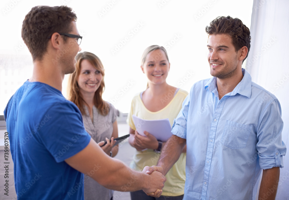 Team, handshake and welcome employee for startup, career and happy for acceptance at job. Internship, meeting and partnership for work, business and onboard workforce for collaboration in workplace Team, handshake and welcome employee for startup, career and happy for acceptance at job. Internship, meeting and partnership for work, business and onboard workforce for collaboration in workplace