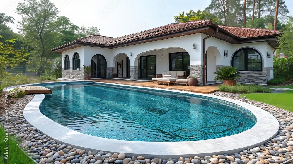 In the garden and terrace of the house, there is a swimming pool
