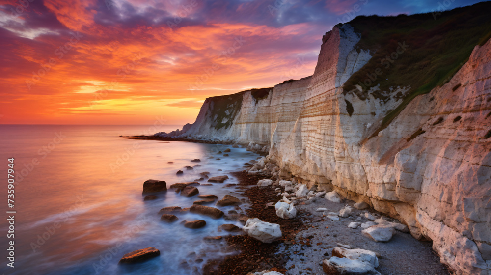 Chalk cliffs near Atlantic coasts at sunset.