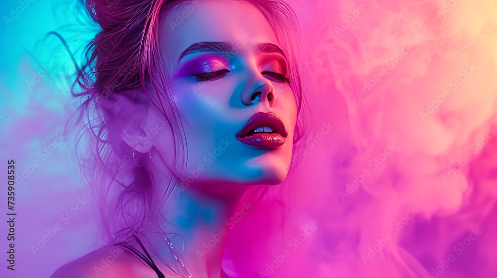 Portrait of a girl in smoke and neon light