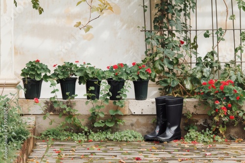 Wellington Boots Repurposed as Flower Pots in Rustic Garden