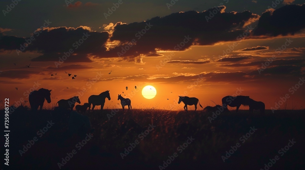 Create a dramatic silhouette scene featuring diverse wild animals against a twilight savannah backdrop, capturing the essence of wildlife in a single frame