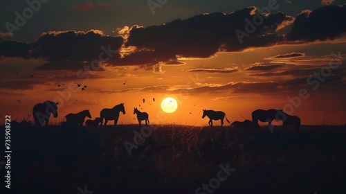 Create a dramatic silhouette scene featuring diverse wild animals against a twilight savannah backdrop, capturing the essence of wildlife in a single frame