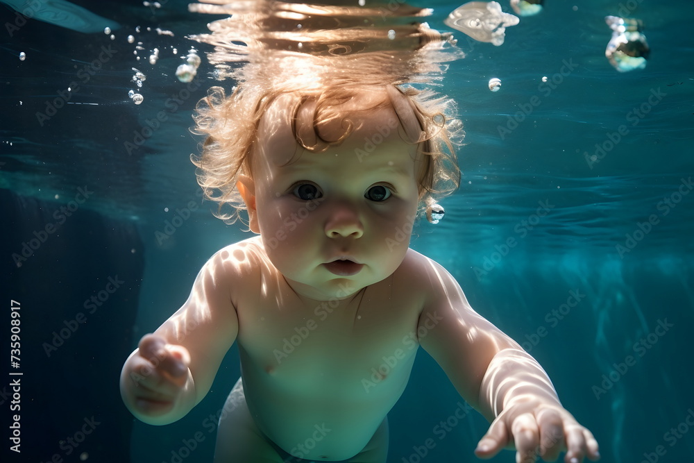 baby swim underwater in swimming pool