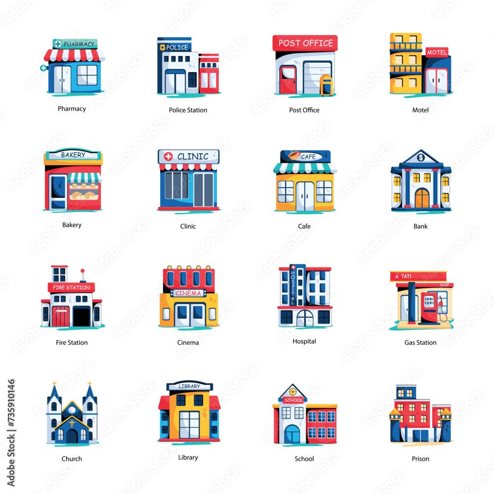 Set of 16 Buildings Flat Icons
Set of 16 Buildings Flat Icons