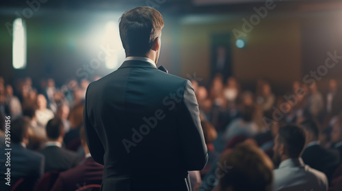 businessman giving speech in a business conference back view, business leadership concept 