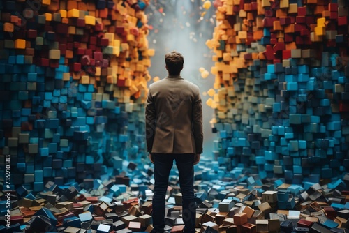 a man stands in a very large room with many blue and golden block shapes on the floor and walls, in the style of 3D rendering