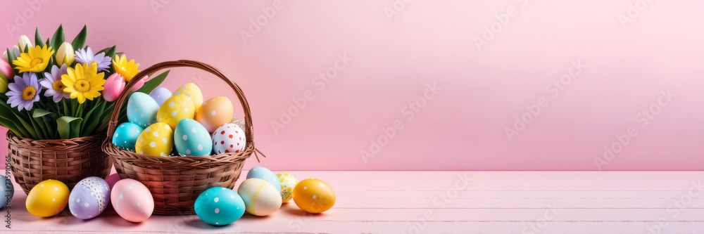 Basket with colorful Easter eggs and blooming flowers on the table on pink background.