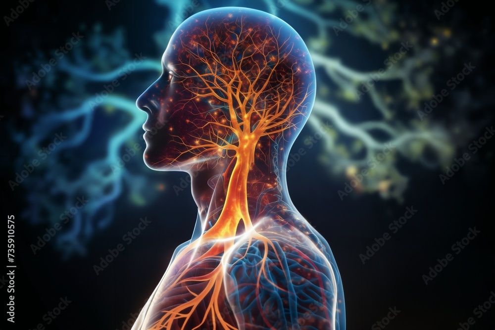 silhouette of a human body with the blood circulatory system and neural ...