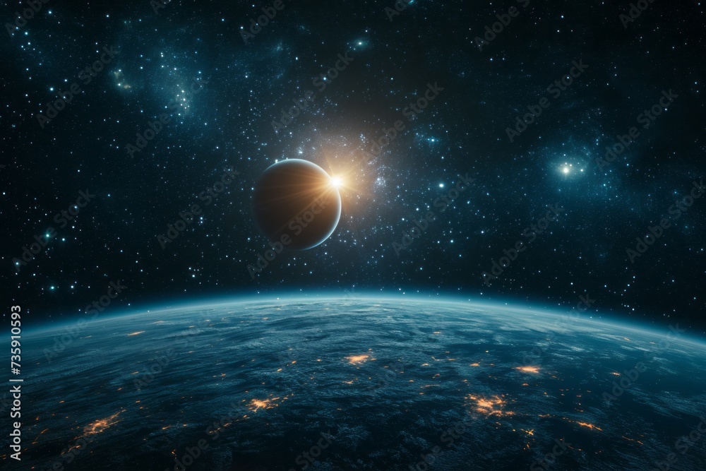 Fototapeta premium Stunning space scene with planets, stars, and galaxy, ideal for backgrounds and wallpapers.