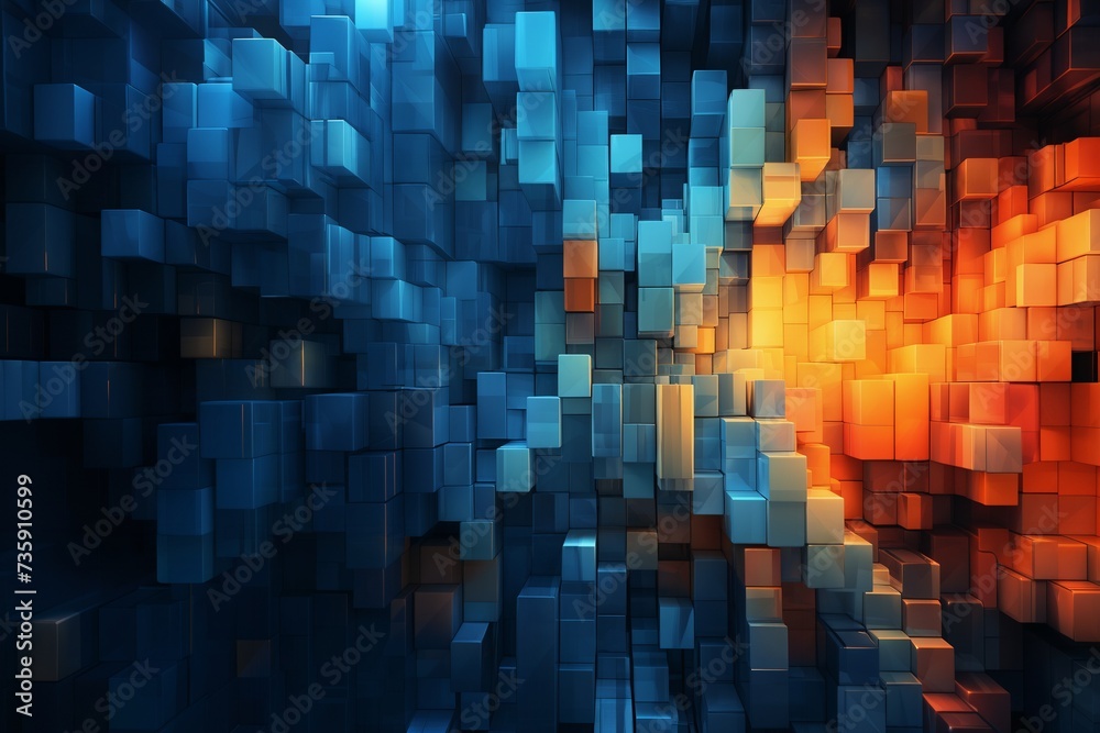 abstract dark mosaic background with many golden and red and blue block shapes, in the style of 3D rendering, digital art