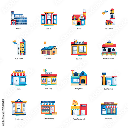 Modern Flat Icons Depicting City Buildings