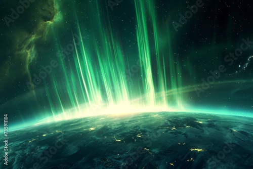 Stunning aurora borealis over Earth's night landscape, vibrant green northern lights in starry sky.