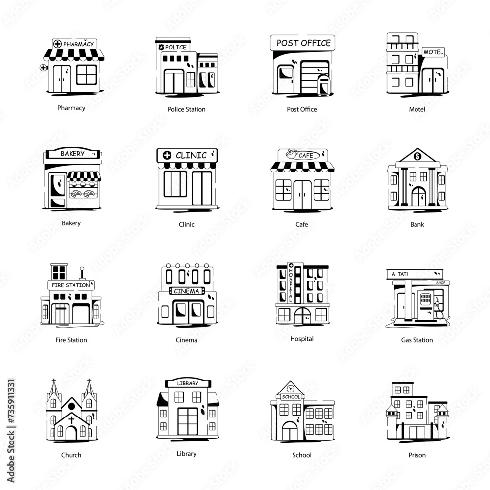 Set of 16 Buildings Glyph Icons 

