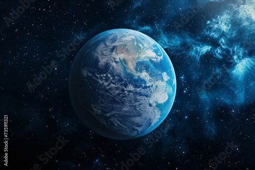 Planet Earth with a detailed view of continents, surrounded by a starry galaxy background, depicting space exploration and astronomy. © robertuzhbt89