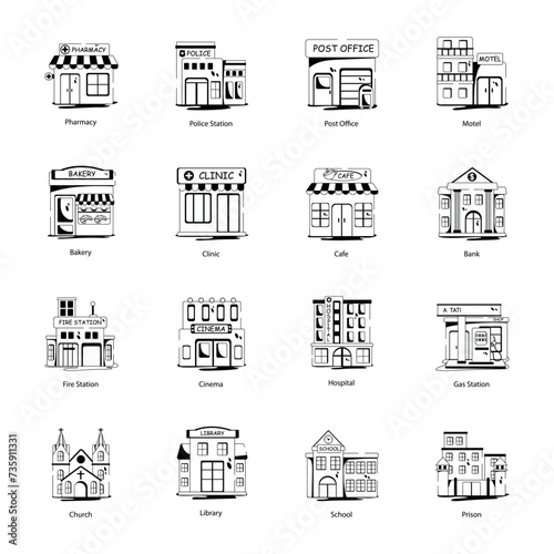 Set of 16 Buildings Glyph Icons 

