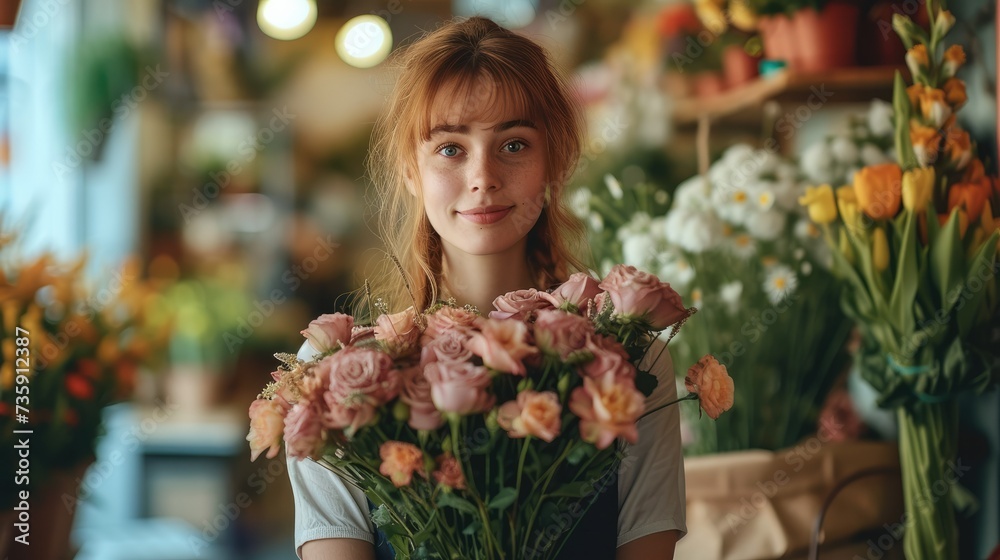 A woman florist holding beautiful flowers in flower shop. Generative AI.