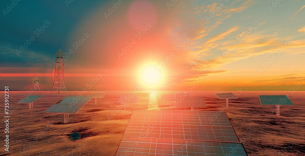 Solar panels reflect sparkling light From the sun ,Clean energy and environment. 3D rendering