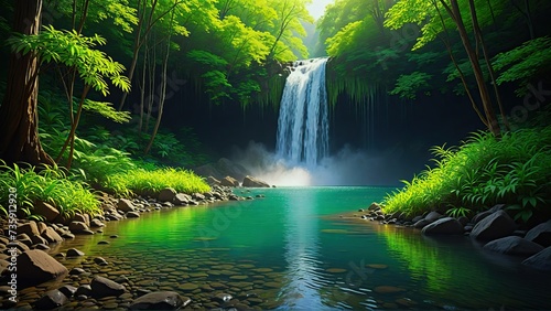 Beautiful tropical waterfall in jungles paradise with turquoise blue pond. Amazing beautiful nature of deep tropical rainforest. Perfect landscape background for relaxing  vacation  travel concept