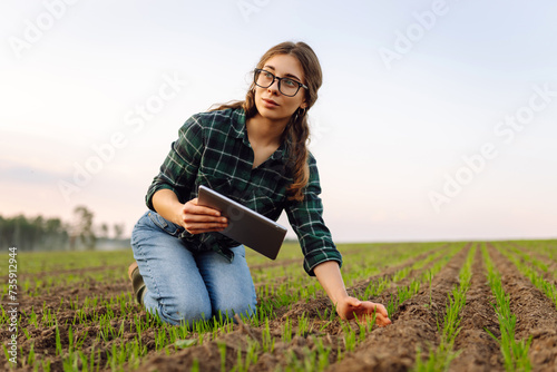 Farmer woman  checking the quality of the new crop. Agronomist analysis the progress of the new seeding growth. Concept of gardening, ecology.