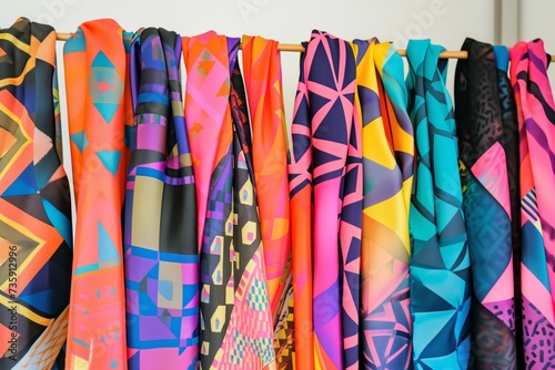 a collection of vibrant scarves with geometric prints on a hanger photo