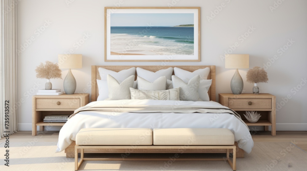 Fototapeta premium natural coastal interior bedroom beautiful example of modern coastal style including a soft natural color palette, natural elements cane bed blue and white patterned rug and white nights house design