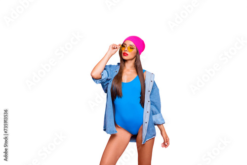 Photo portrait of attractive confident with serious facial expression lady wearing casual outfit clothes adjusting eyewear isolated color shine pastel bright background copy space