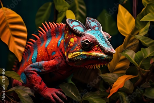 Panther chameleon scales, seamlessly blending with vibrant tropical foliage