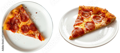 A single slice of pepperoni pizza on a white plate, side and top view, isolated on a transparent background
