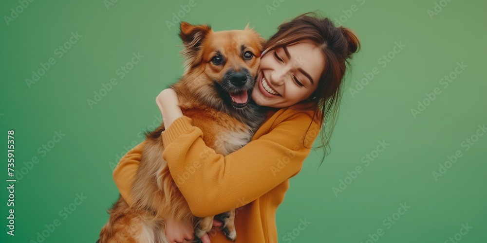 Happy young woman holding and hug a dog her pet, copy space, banner Happy young woman holding and hug a dog her pet, copy space, banner