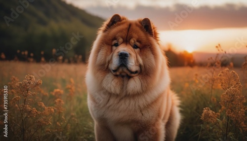 Chow chow, dog at dawn, purebred dog in nature, happy dog, beautiful dog