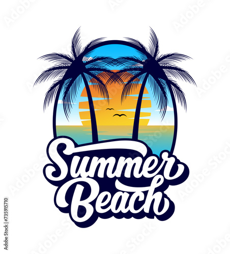 Summer beach and palm tree t-shirt graphic design vector illustration 
