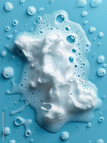 Foamy. Spot of thick shampoo foam on a blue background. top view. Generative AI.