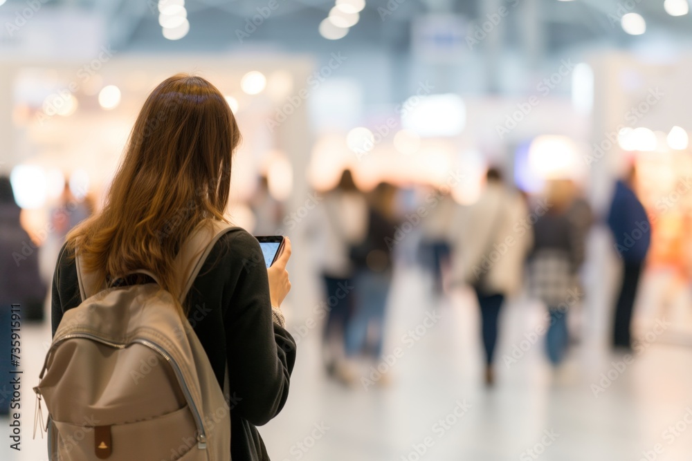 visitor texting, blurred exhibition stands backdrop visitor texting, blurred exhibition stands backdrop