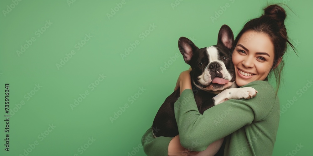 Happy young woman holding and hug a dog her pet, copy space, banner