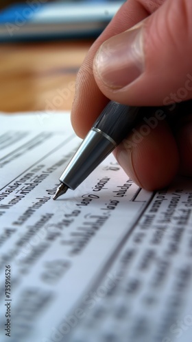 Hand holding a pen over a document in close-up view.