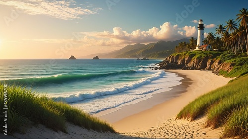 Fototapeta Naklejka Na Ścianę i Meble -  Beautiful paradise beach with lighthouse on sunny summer day. Inspirational summer landscape with lighthouse at the coast. Perfect landscape background for relaxing, vacation, travel, tourism concept